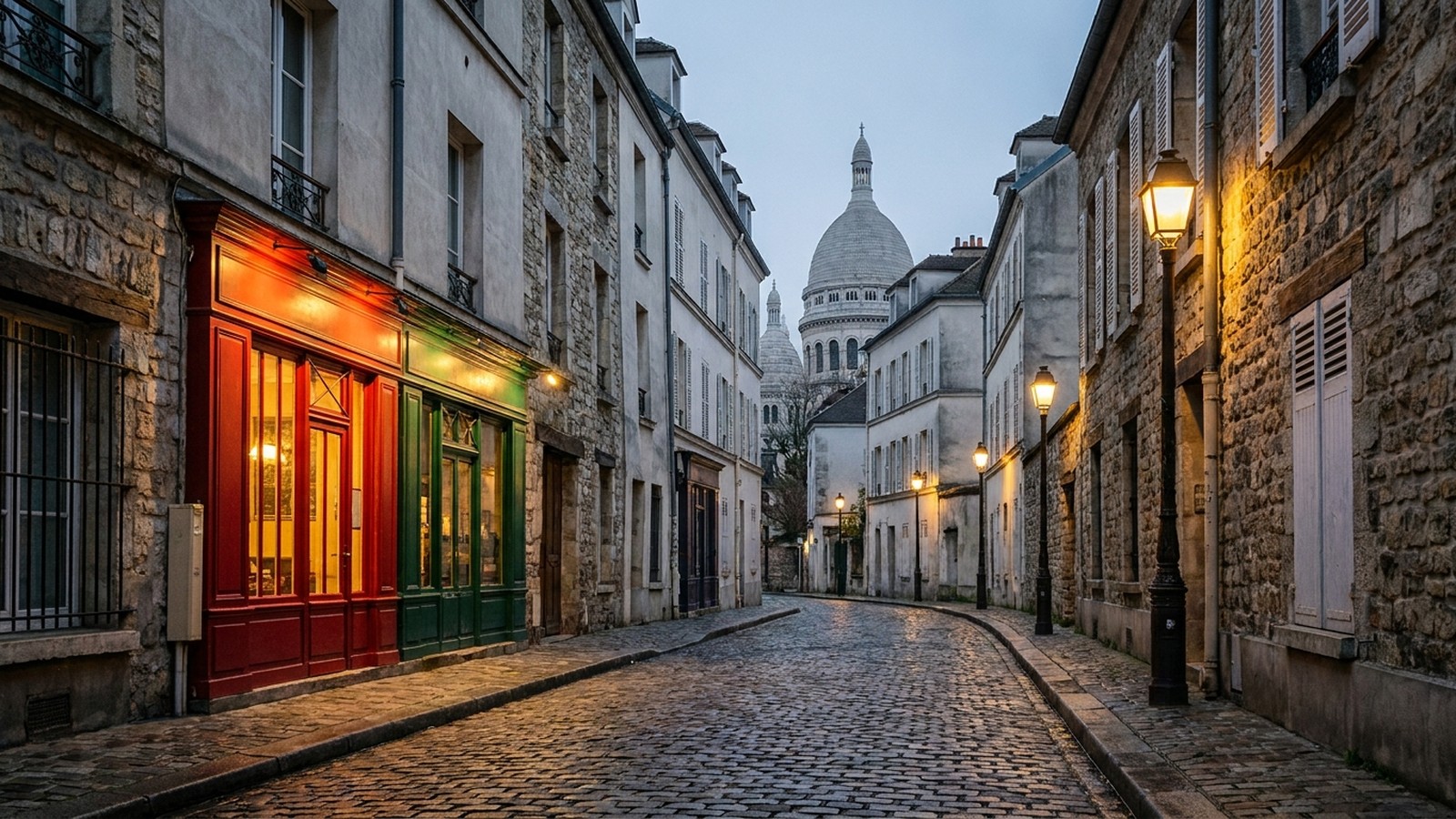 Une ruelle pavée de Montmartre à Paris au crépuscule avec la devanture d'un café et des lampadaires anciens
