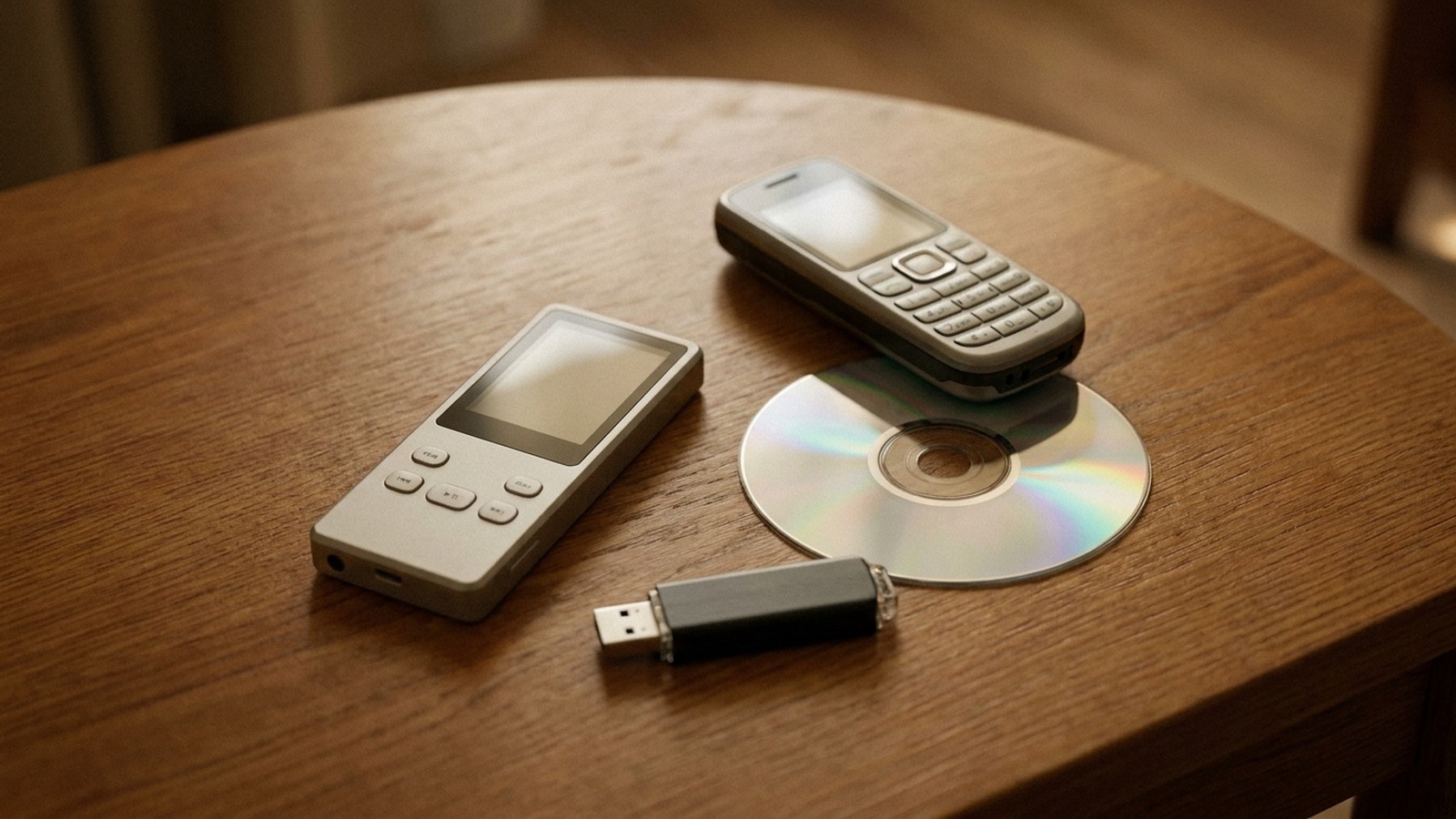 Des objets rétro des années 2000 posés sur une table : un lecteur MP3, un téléphone à clapet, un CD et une clé USB, lumière chaude nostalgique