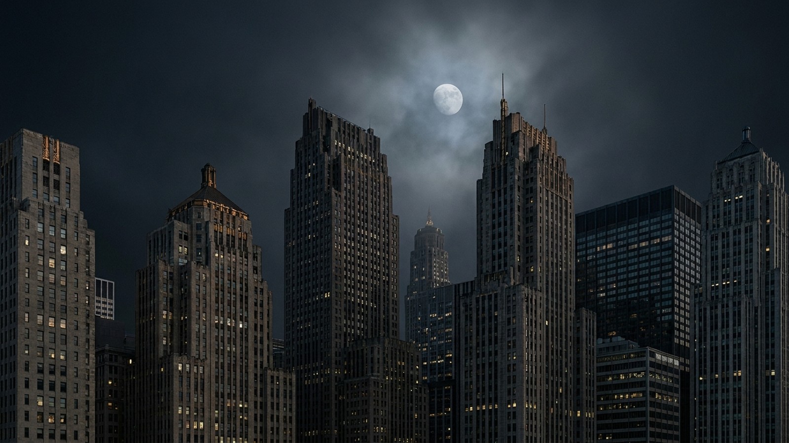 Skyline de gratte-ciels art déco la nuit sous une pleine lune voilée de brume