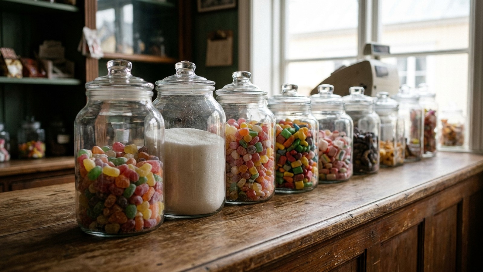 Des bocaux en verre remplis de bonbons colorés à l'ancienne sur un comptoir de confiserie