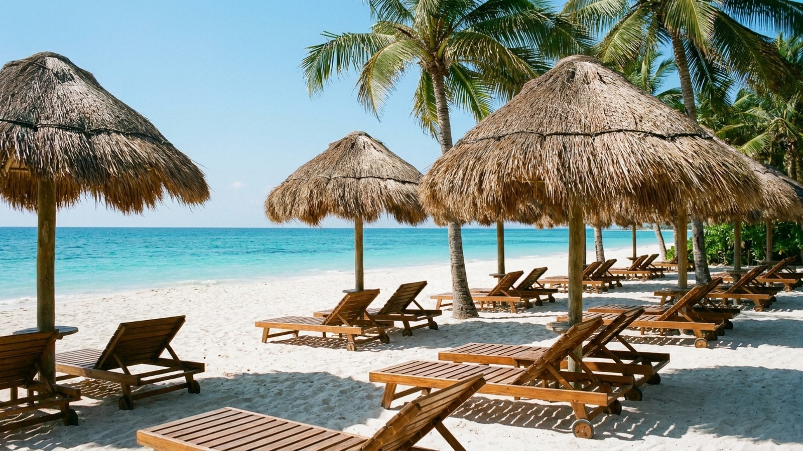 Plage tropicale de club de vacances avec transats en bois, parasols en paille et cocotiers