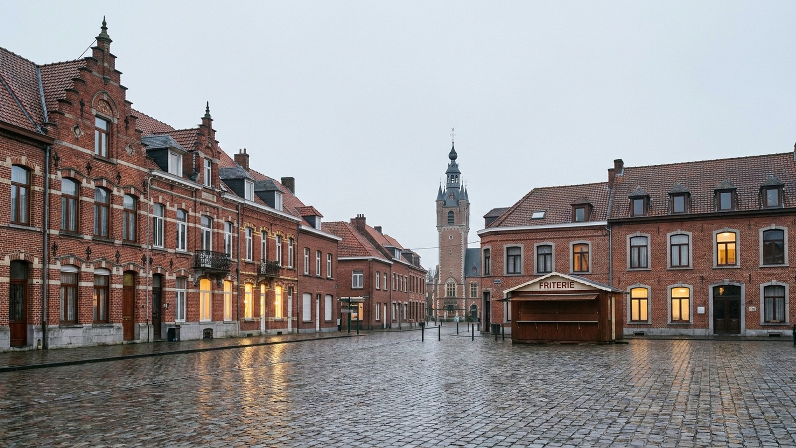 Une place de village du Nord de la France avec des maisons de brique rouge et un beffroi