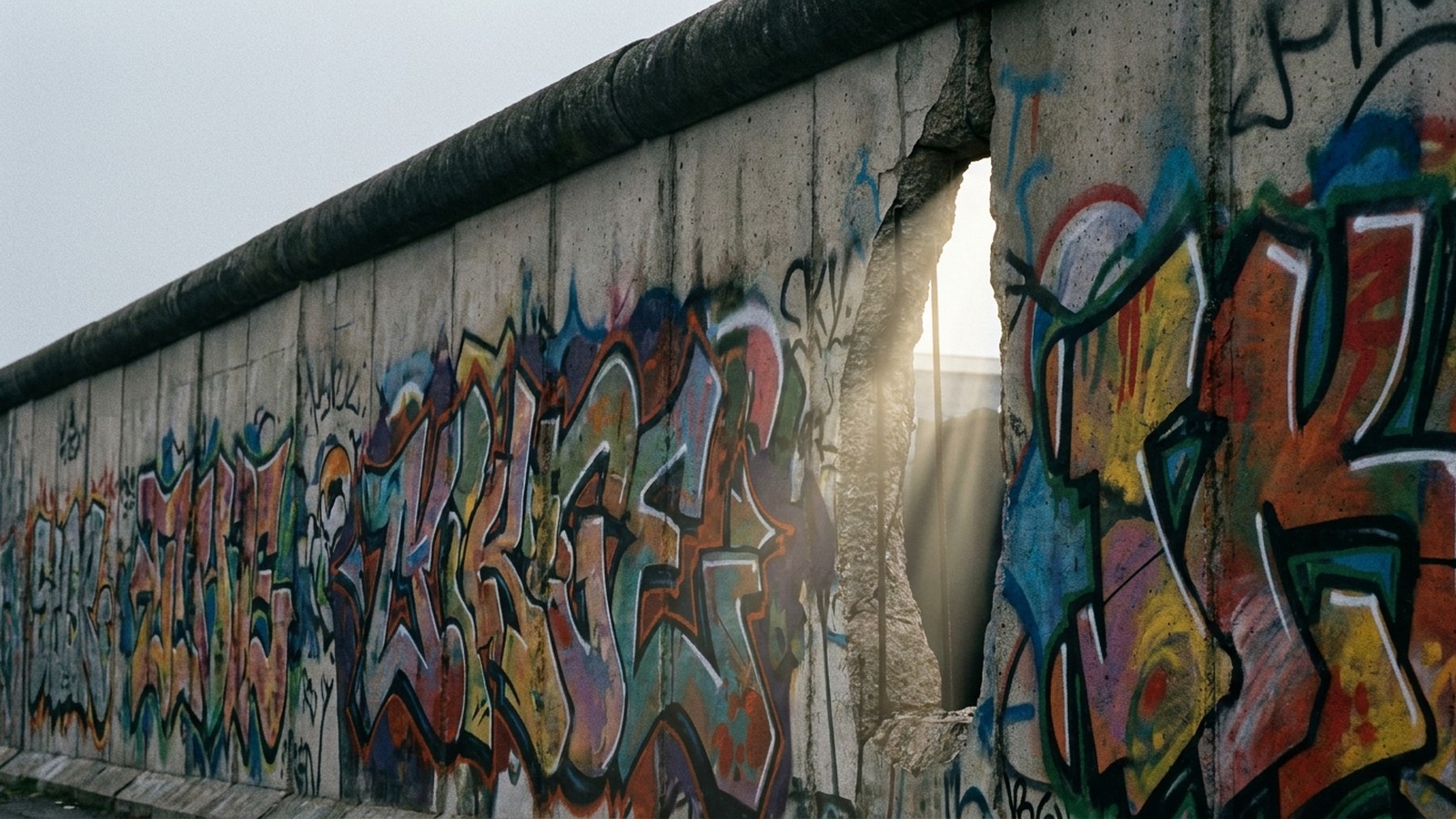 Un mur de béton couvert de graffitis colorés avec une brèche laissant passer la lumière