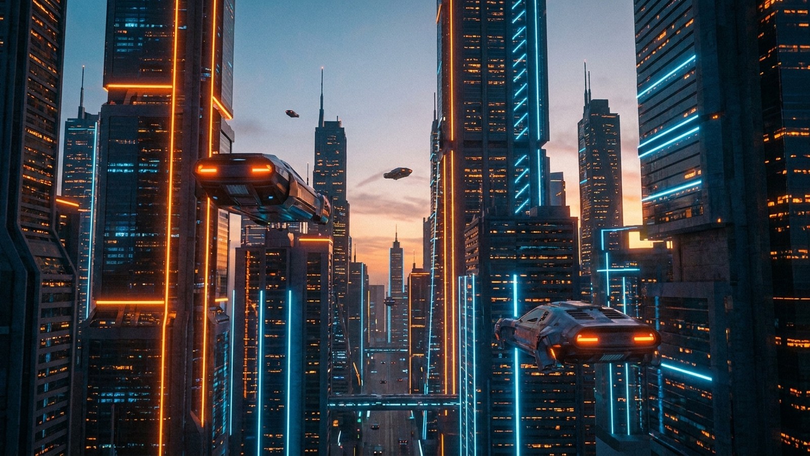 Une mégapole futuriste au crépuscule avec des véhicules volants entre les gratte-ciels
