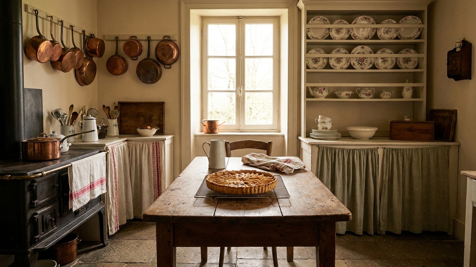 Une cuisine de grand-mère à l'ancienne avec des casseroles en cuivre et une tarte sur la table