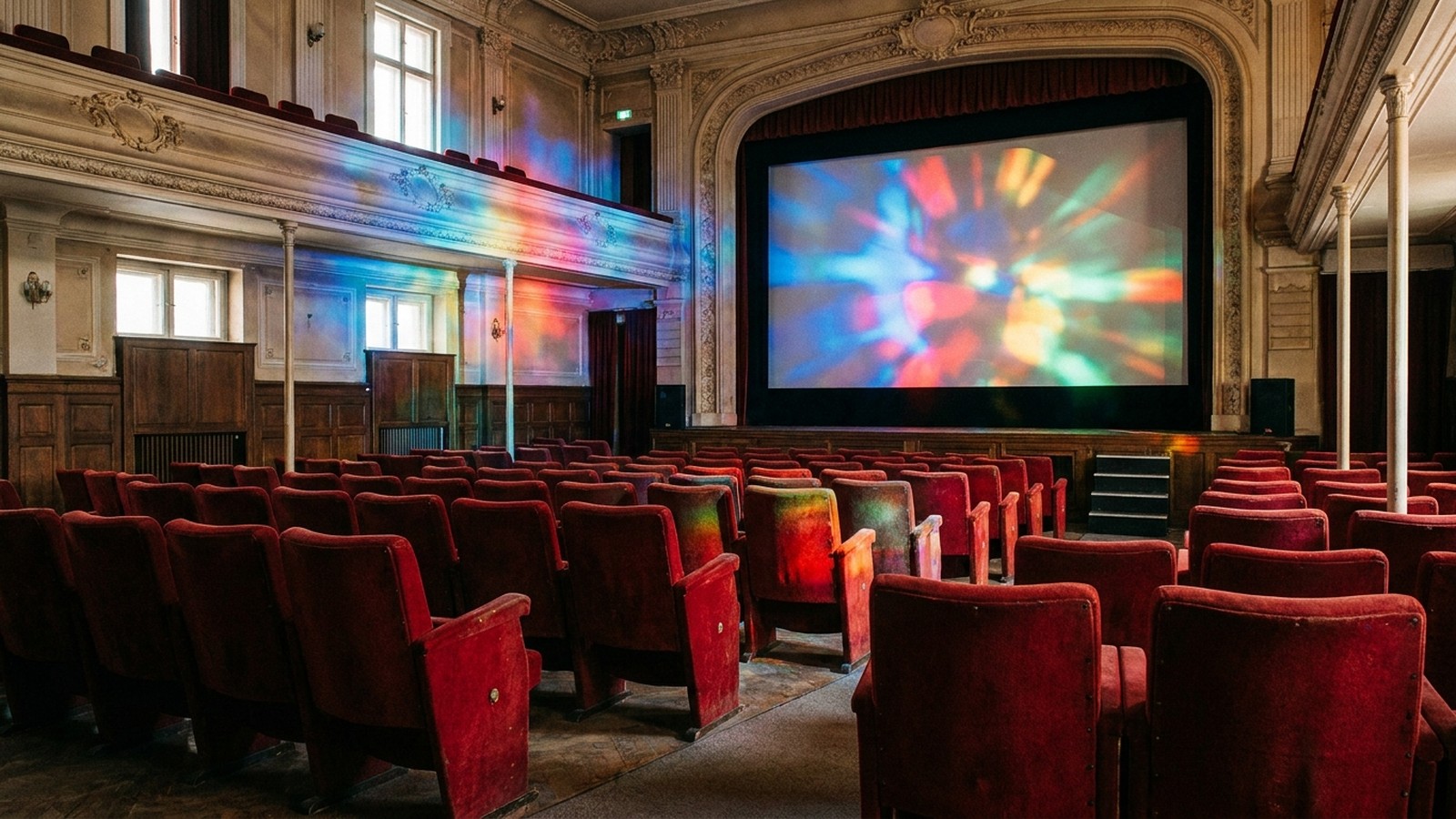Une salle de cinéma rétro avec des fauteuils rouges et un grand écran éclairé