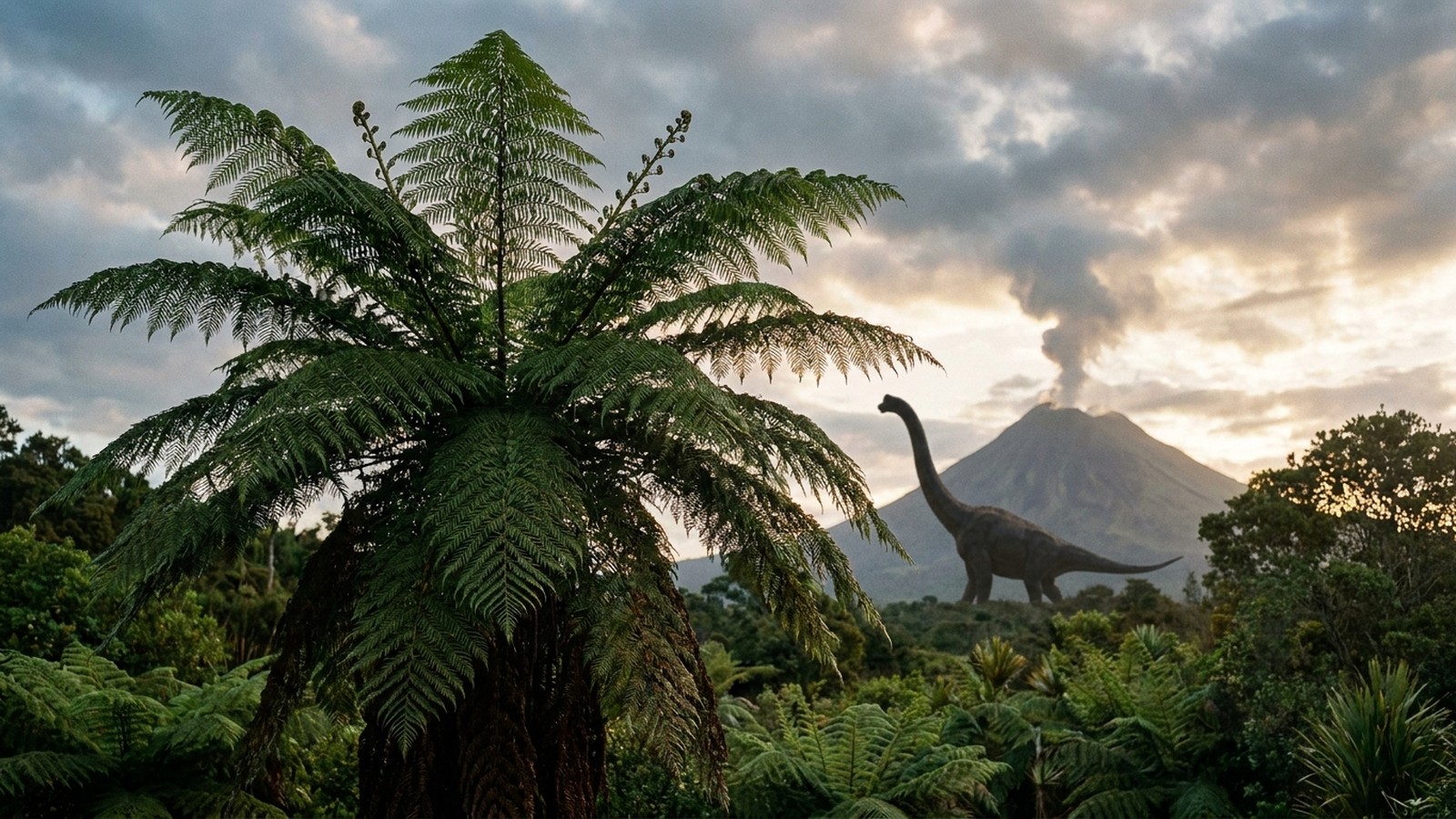 Un paysage préhistorique luxuriant avec la silhouette d'un grand dinosaure près d'un volcan