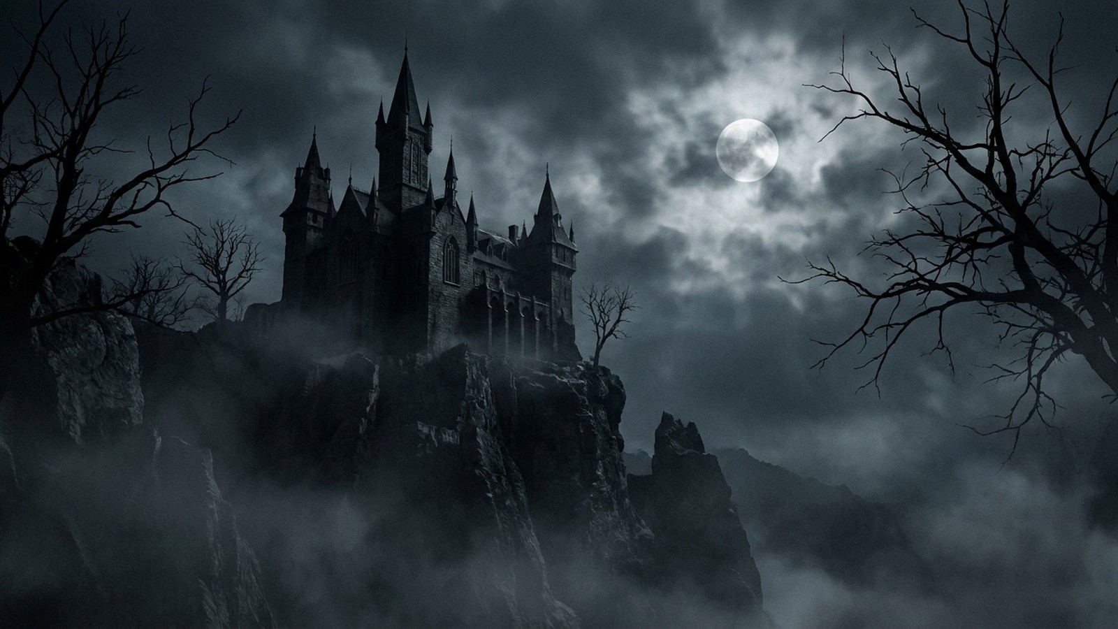 Un château gothique sombre perché sur une falaise la nuit, brume épaisse, pleine lune et silhouette menaçante