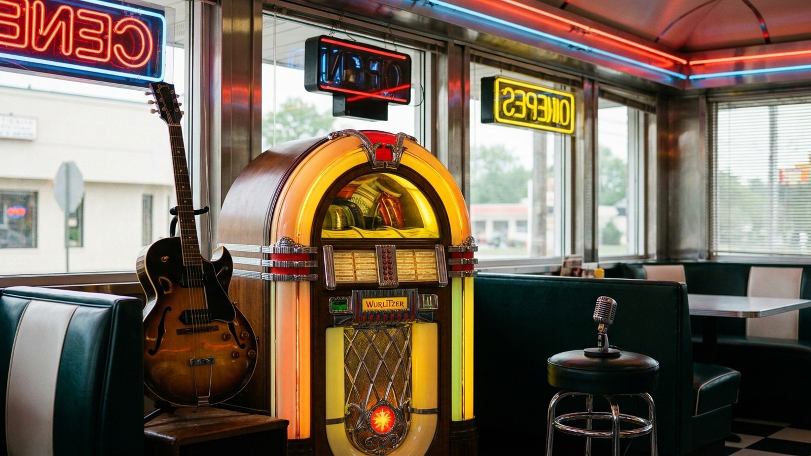 Un diner américain des années 50 avec un juke-box lumineux, une guitare et un micro vintage