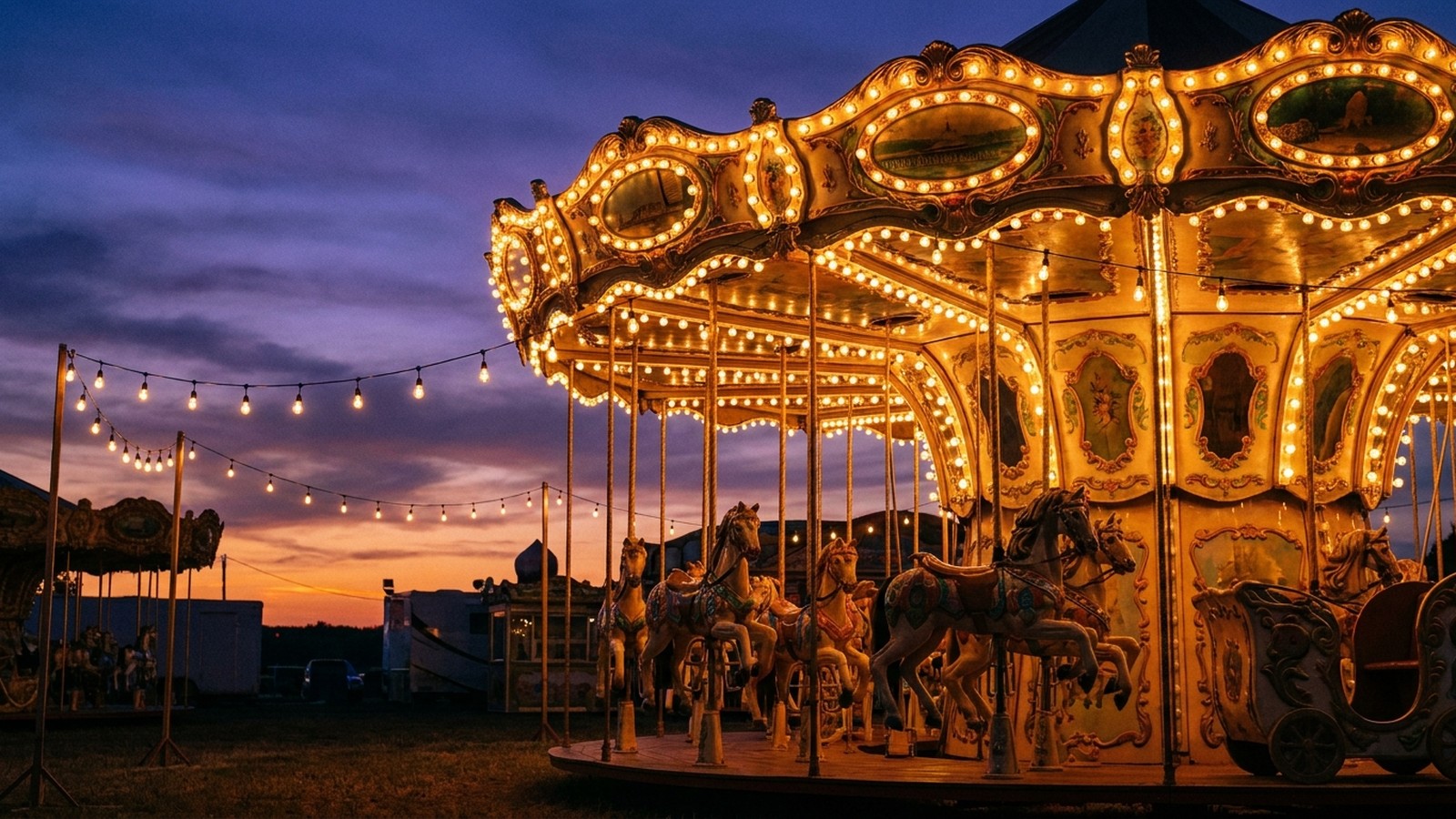 Une fête foraine à l'ancienne au crépuscule avec un manège de chevaux de bois illuminé