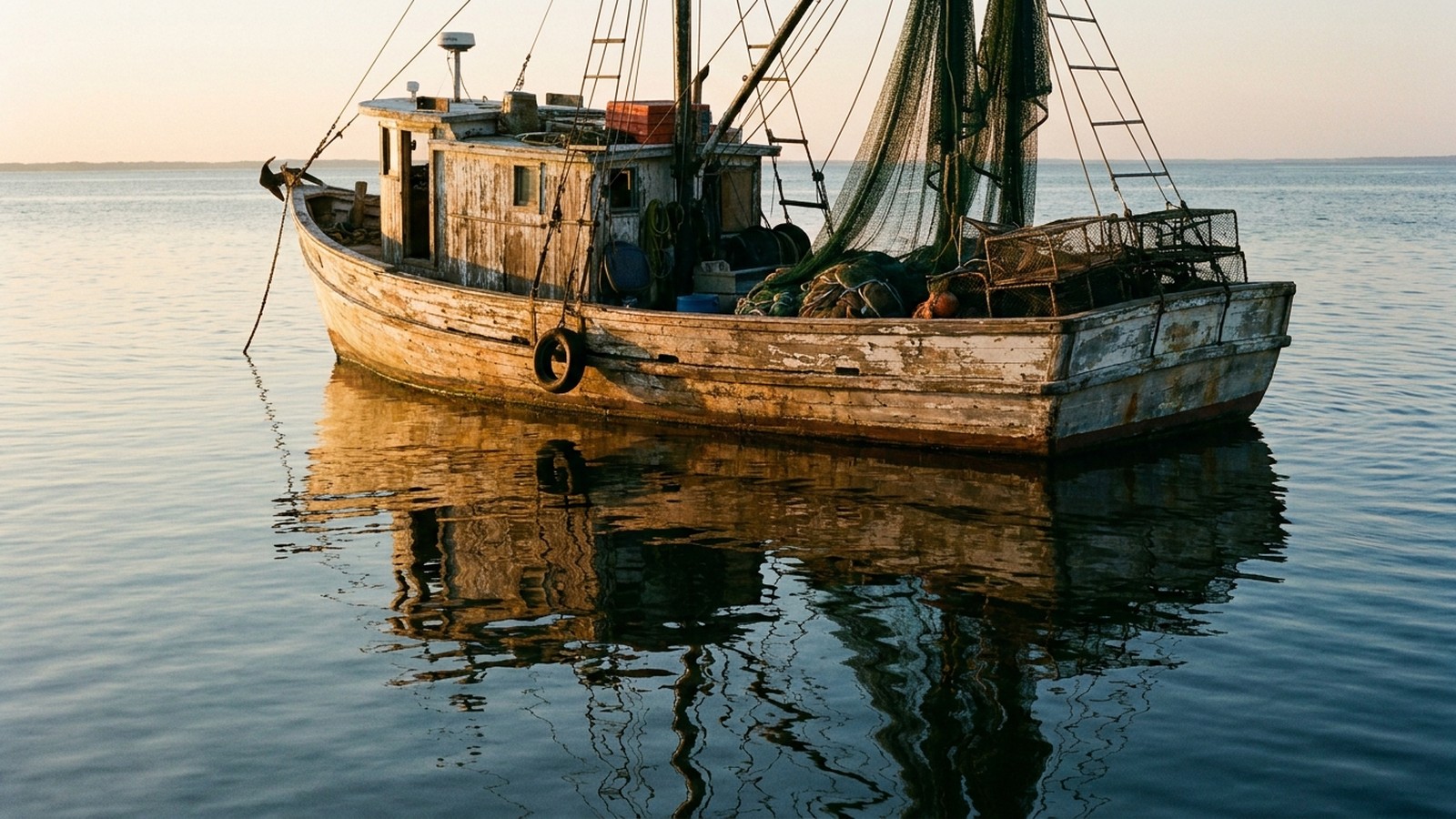 Vieux bateau de pêche à la crevette en bois sur une mer calme au coucher du soleil