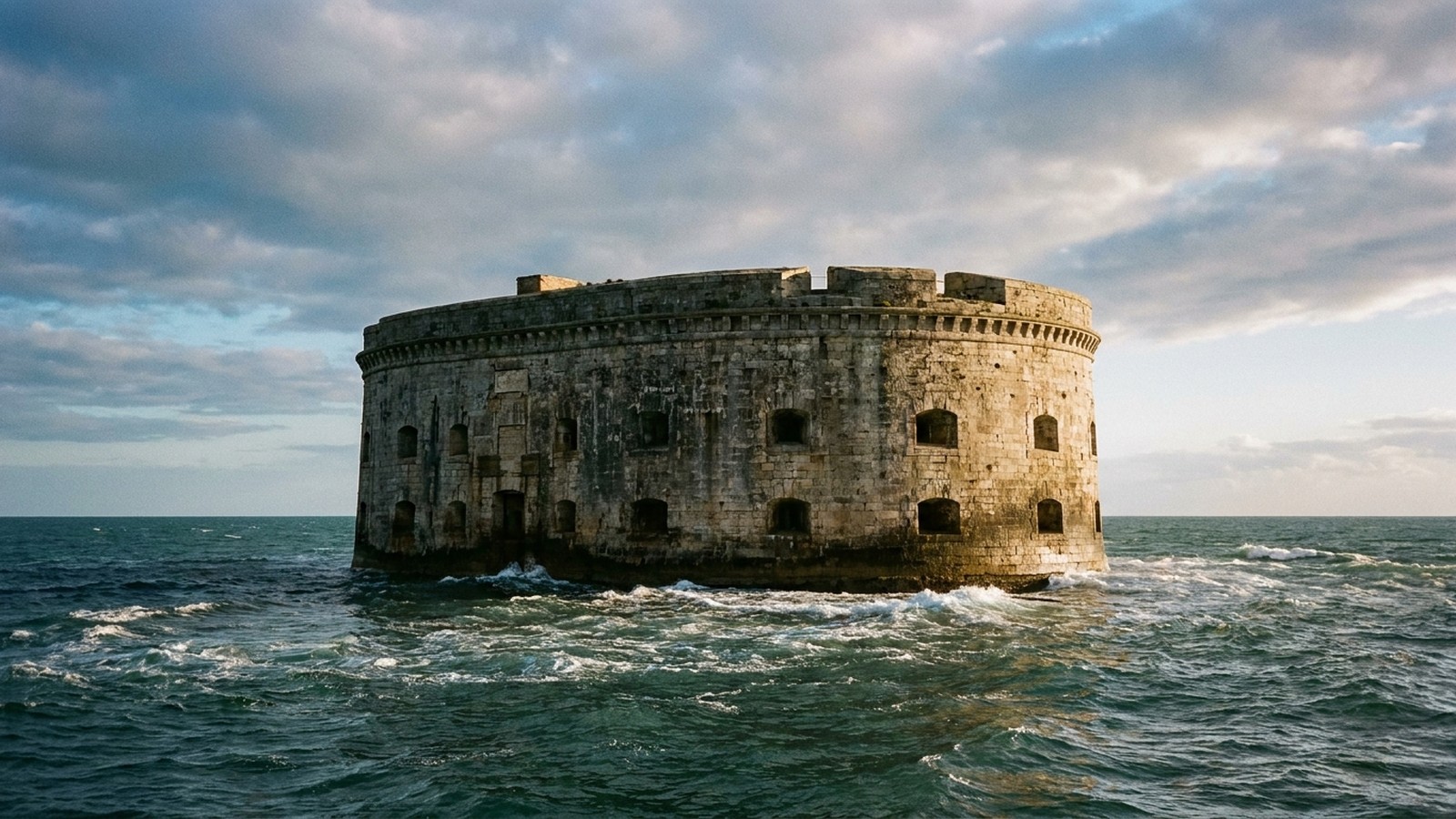 Ancien fort de pierre de forme ovale isolé en pleine mer sous un ciel changeant