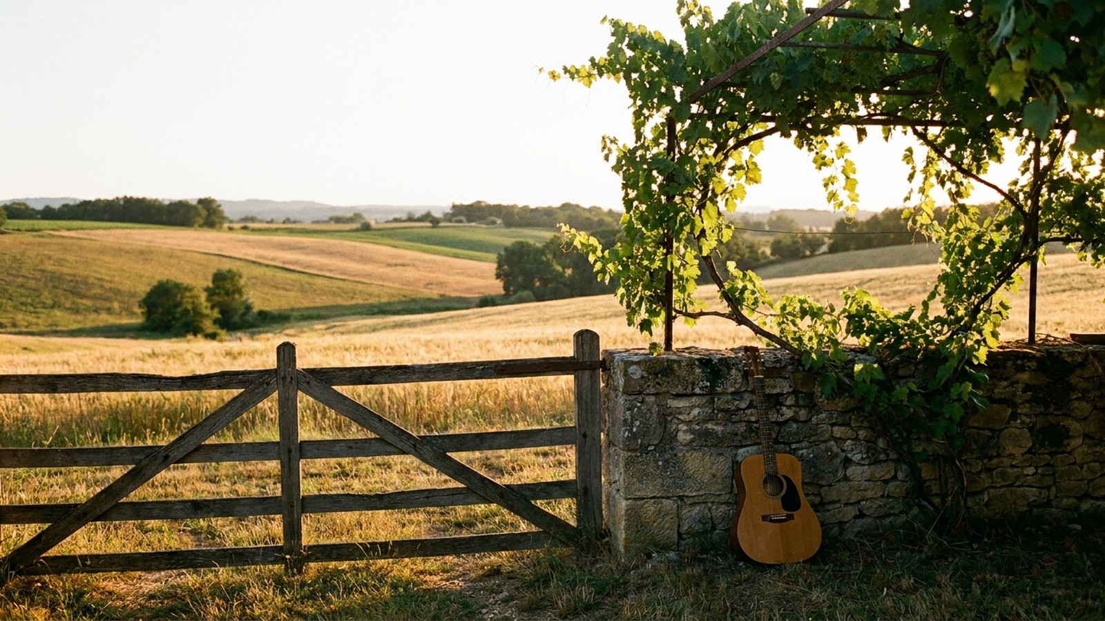 Une campagne du Sud-Ouest de la France à la golden hour : champs vallonnés, portail en bois et guitare acoustique posée contre un mur de pierre sous une treille
