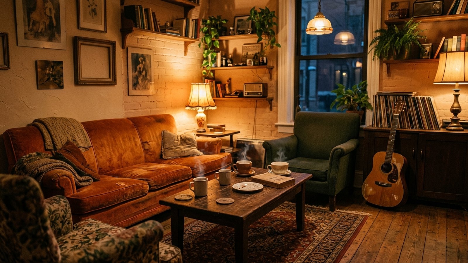 Intérieur d'un café cosy des années 1990 avec un canapé orange, des fauteuils et des tasses de café