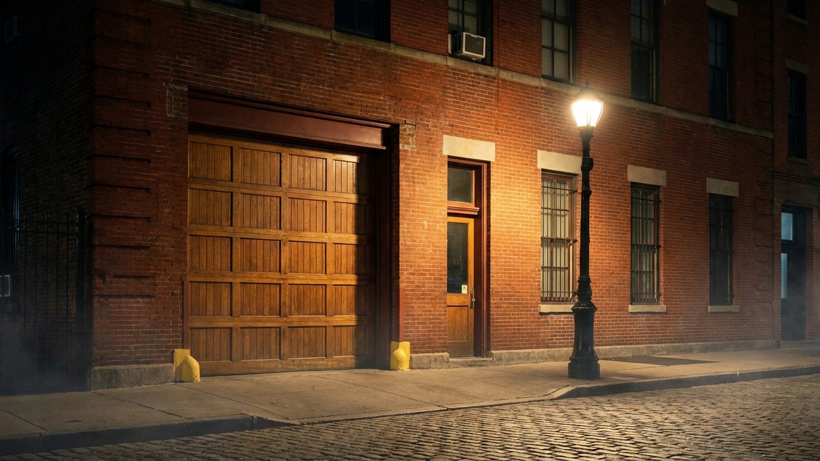 Une ancienne caserne de pompiers en brique rouge la nuit à New York avec un lampadaire et une légère brume