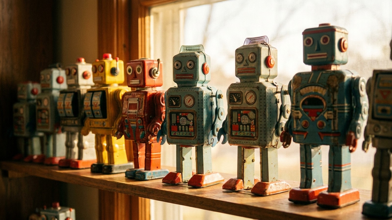 Collection de robots-jouets rétro en tôle des années 1970 et 1980 alignés sur une étagère