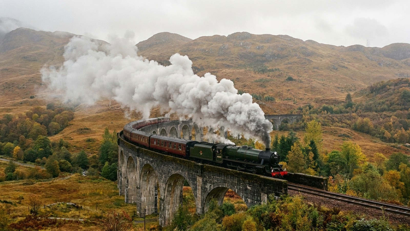 Train à vapeur traversant un viaduc de pierre en arcs dans les Highlands d'Écosse sous la brume