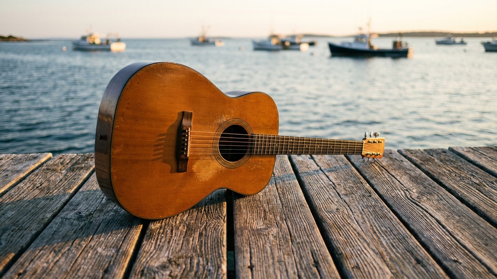 Une guitare acoustique posée sur un quai près de la mer au soleil, bateaux au loin et lumière dorée, ambiance de voyage et de folk