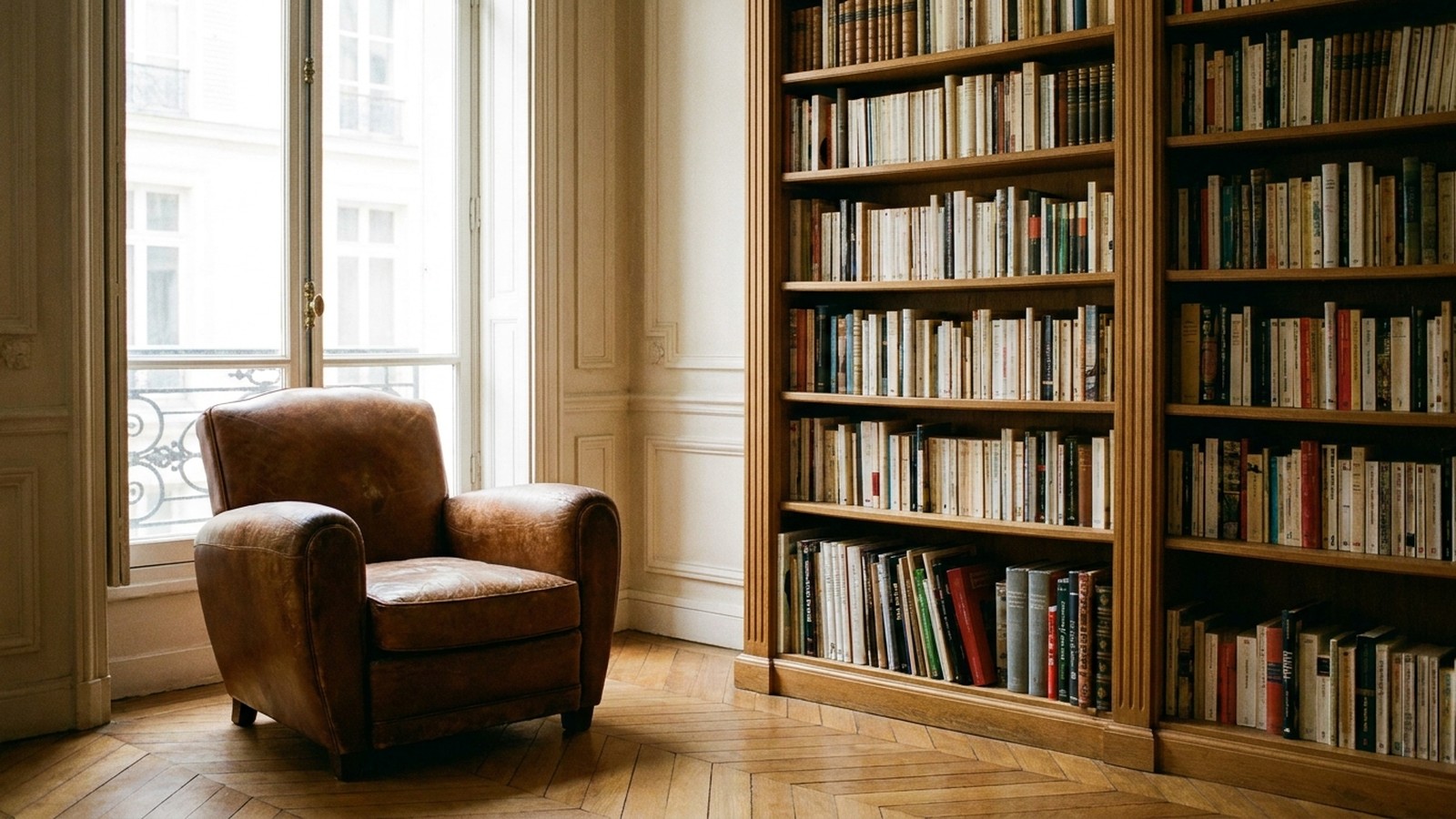 Un salon élégant d'un hôtel particulier parisien avec un grand fauteuil en cuir et une bibliothèque