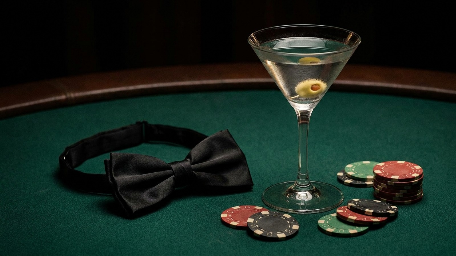 Un nœud papillon noir, un verre de martini et des jetons de casino sur une table de jeu