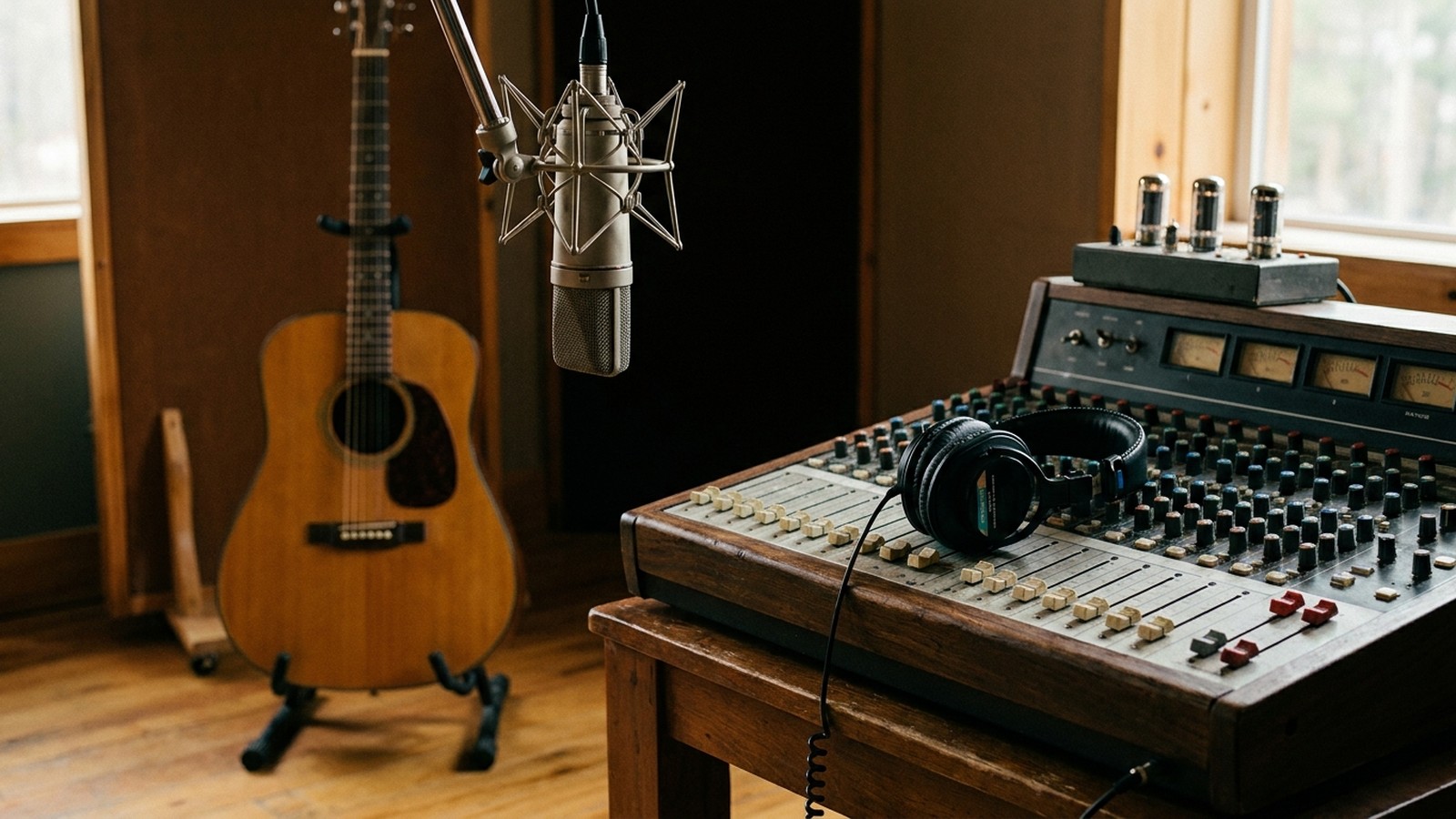 Un studio d'enregistrement vintage chaleureux : une guitare acoustique, un micro de studio sur pied, une console de mixage ancienne et un casque posé, lumière tamisée