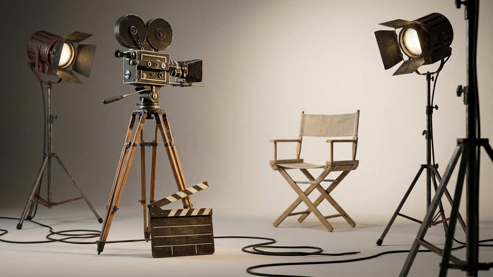 Un plateau de tournage de cinéma vintage avec caméra argentique sur trépied, clap en bois au sol et chaise de réalisateur vide