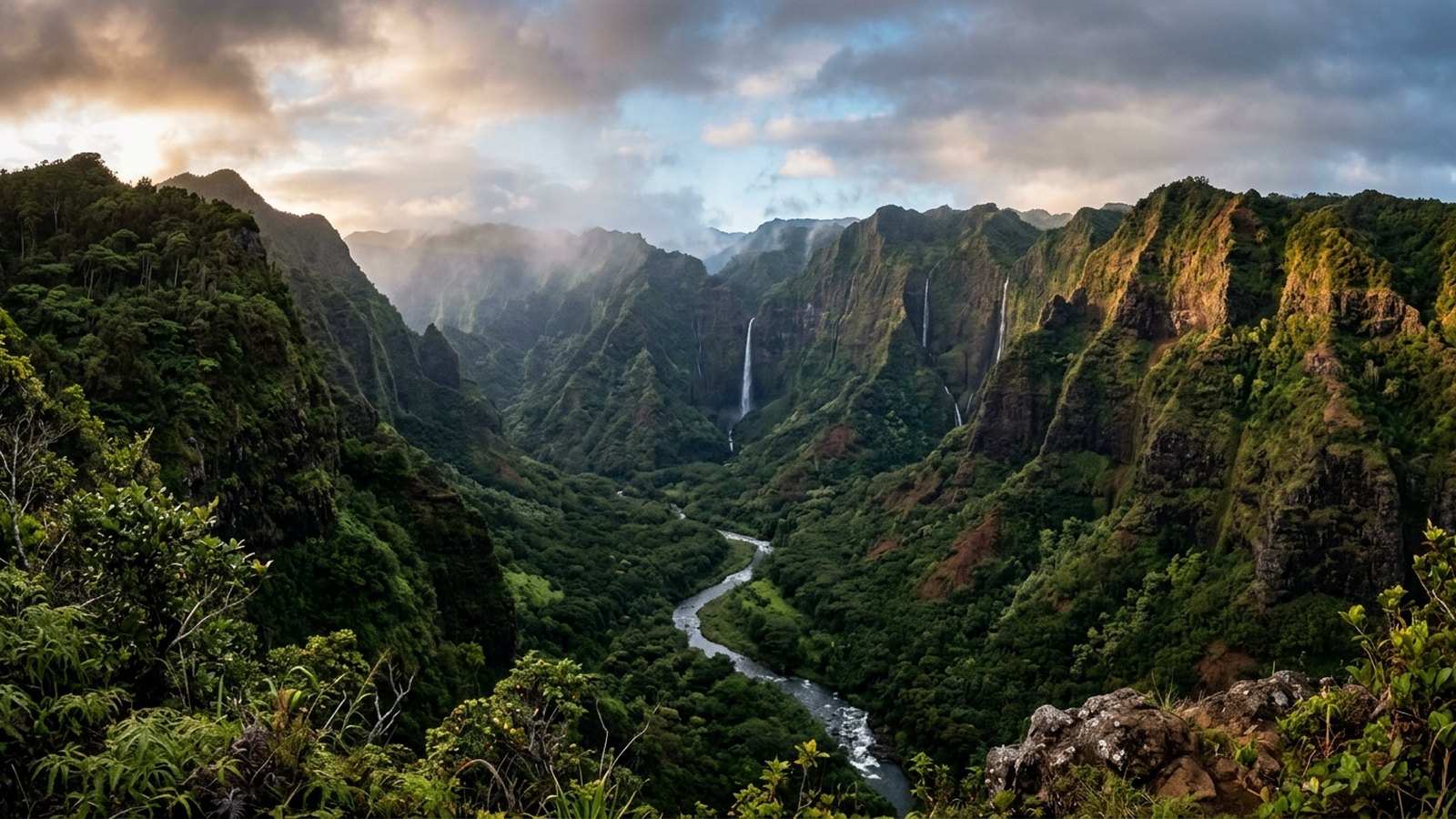Vallée tropicale luxuriante de l'île de Kauai à Hawaï, avec falaises verdoyantes et cascades