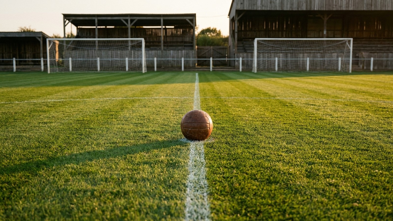 Un terrain de football vintage au soleil, pelouse rayée, buts aux filets blancs et un vieux ballon de cuir posé sur la ligne