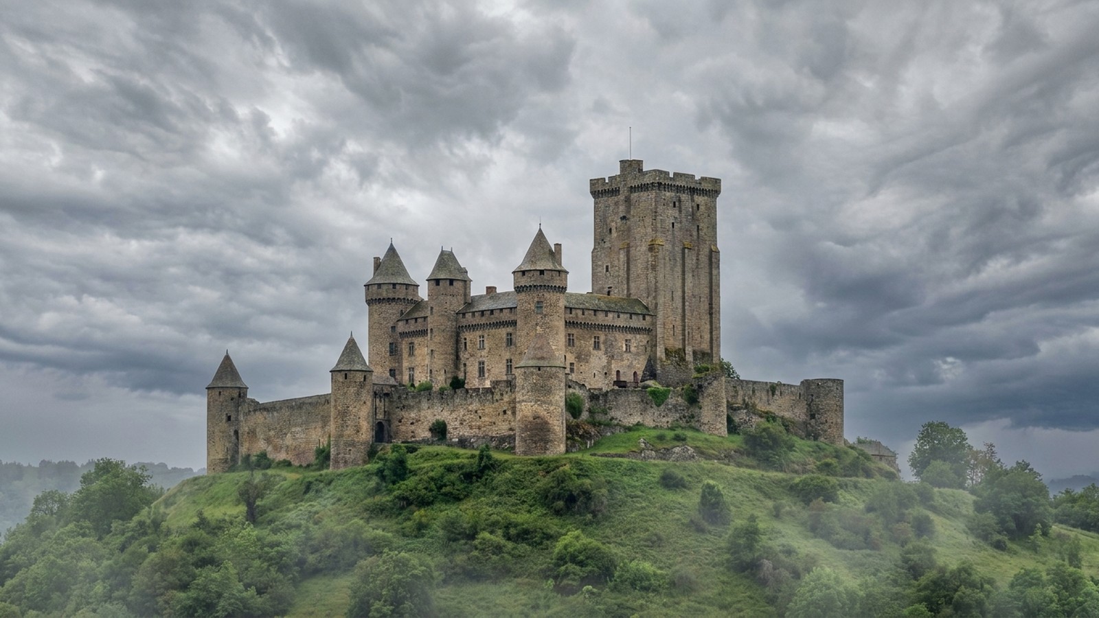 Forteresse médiévale de pierre sur une colline verdoyante sous un ciel nuageux