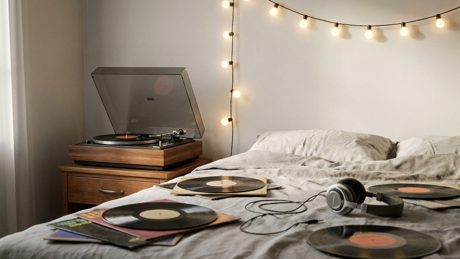 Une chambre d'adolescente des années 80 avec un tourne-disque, des vinyles et un casque audio posé sur un lit