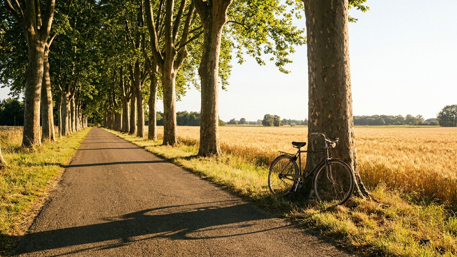Une route de campagne française ensoleillée bordée de platanes avec un vélo ancien appuyé contre un arbre