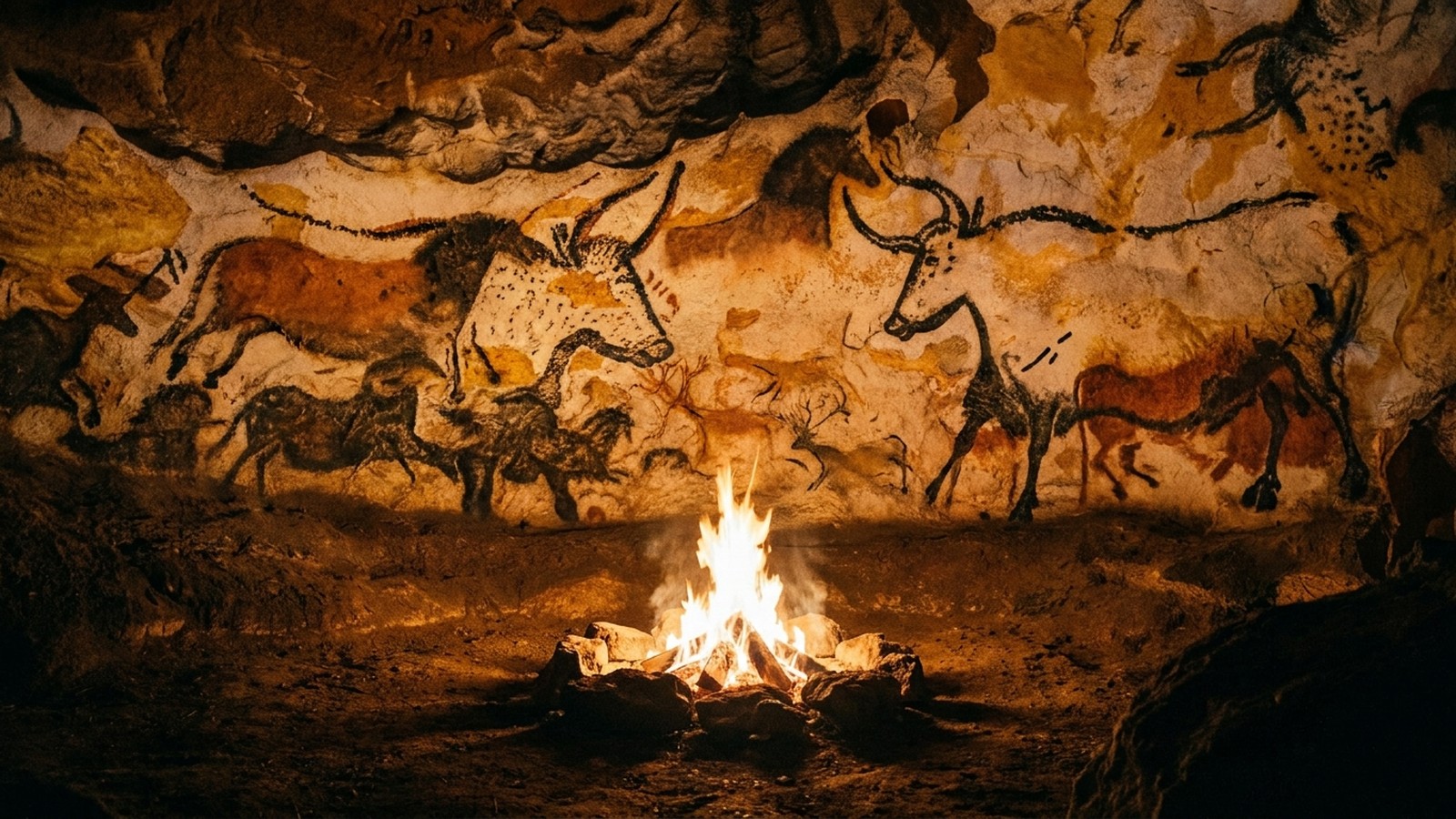 L'intérieur d'une grotte préhistorique avec des peintures rupestres d'animaux sur les parois, éclairée par la lueur chaude d'un feu