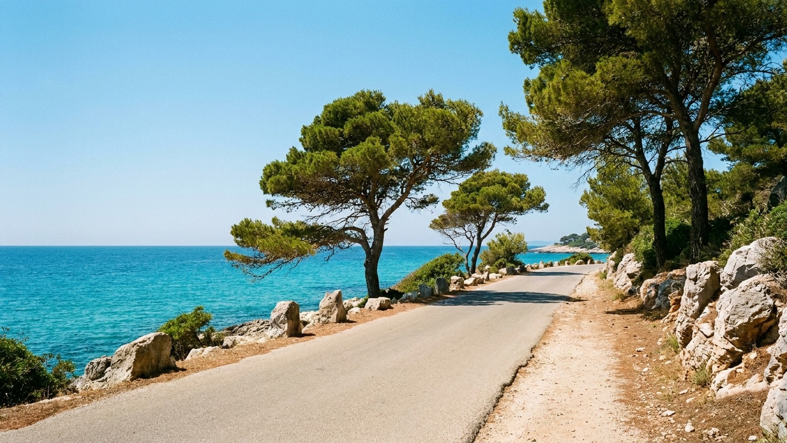 Une route côtière ensoleillée longeant la mer Méditerranée, ciel bleu, virages et paysage estival, ambiance de road-movie vintage