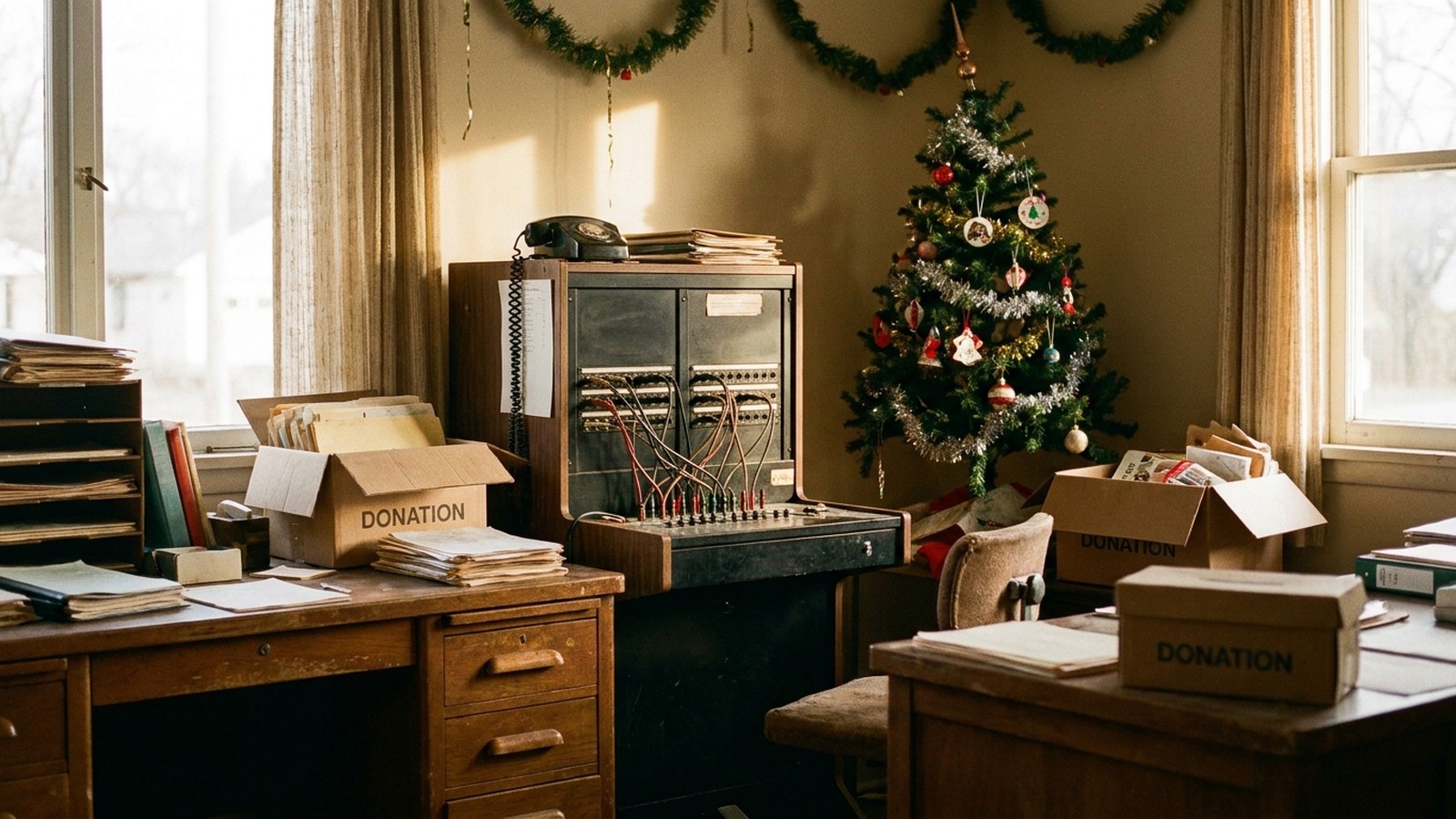 Un petit bureau d'association la veille de Noël avec un standard téléphonique vintage et un sapin