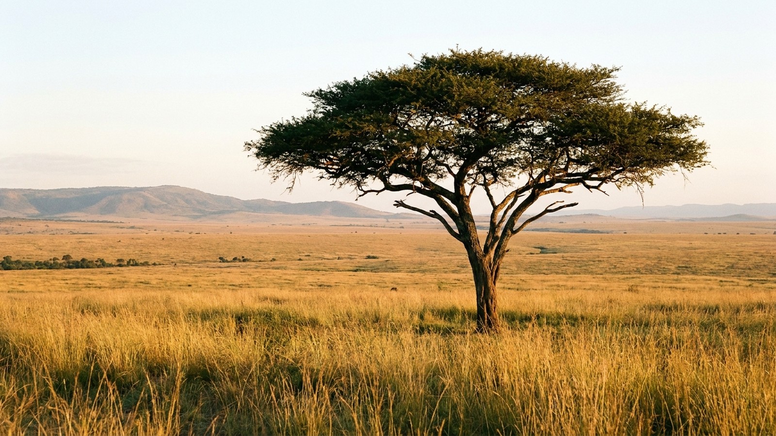 Savane africaine à l'aube avec un grand acacia solitaire et des herbes dorées