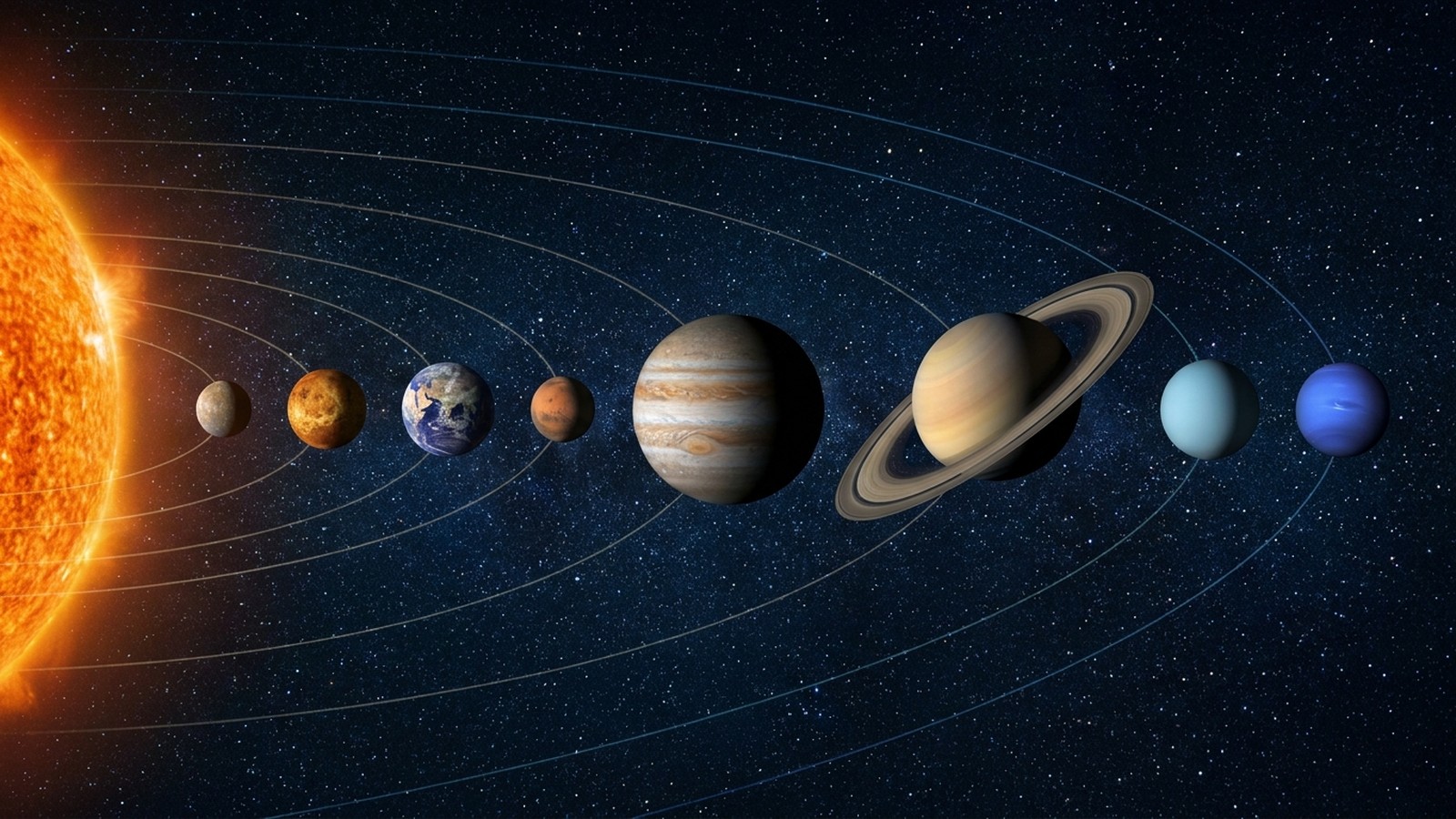 Une vue du système solaire montrant le Soleil et les planètes alignées dans l'espace, teintes bleutées et orangées, ambiance cosmique