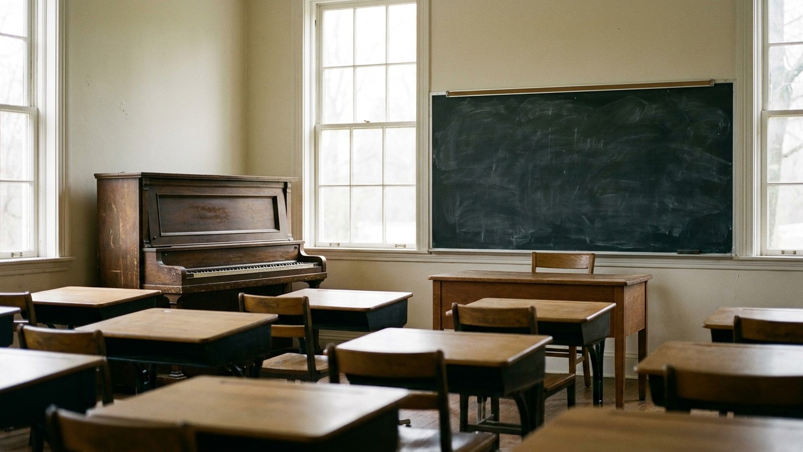 Une salle de classe ancienne d'un internat avec un vieux piano, des pupitres en bois et un tableau noir
