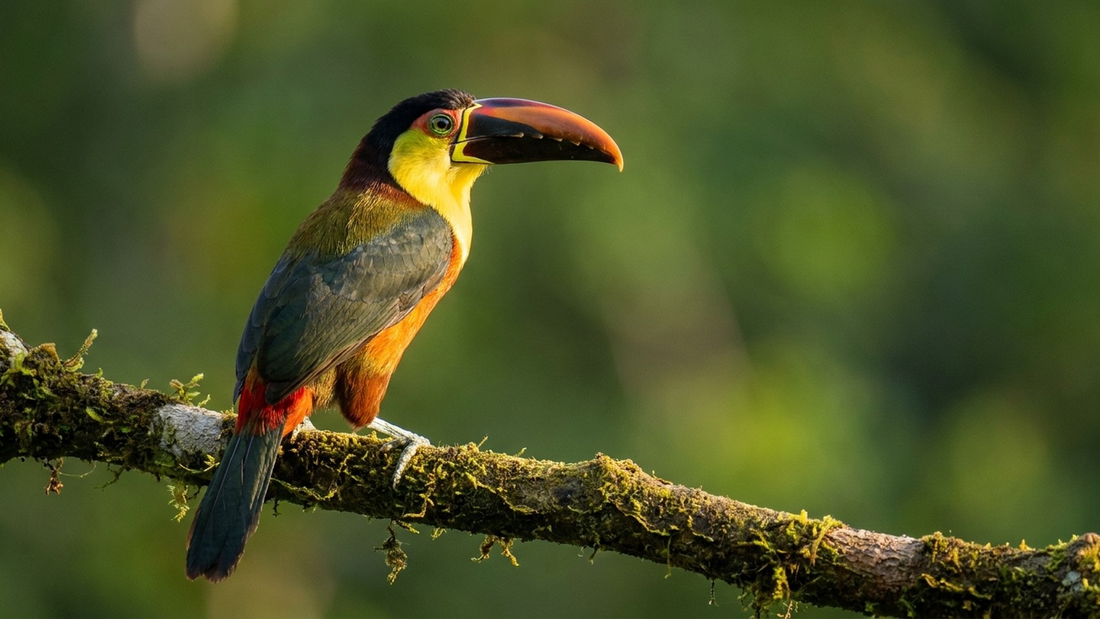 Un oiseau coloré posé sur une branche en gros plan à la lumière du matin, plumage détaillé, fond naturel flou