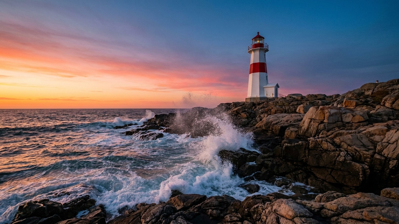 Un phare blanc et rouge sur une côte rocheuse au coucher du soleil, vagues se brisant, ciel dégradé