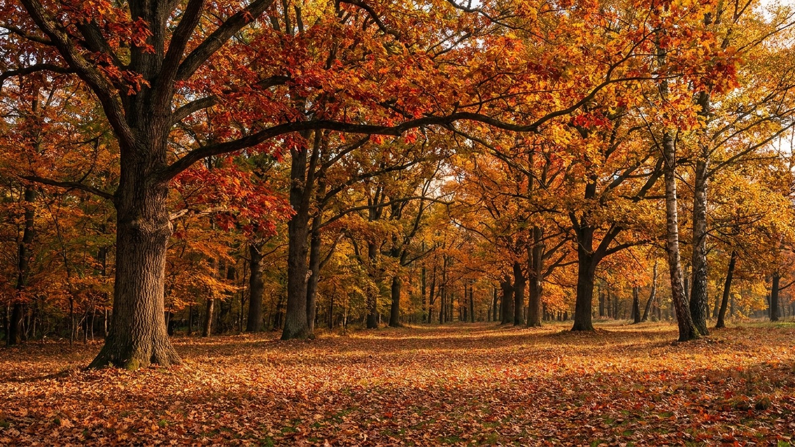 Un paysage d'automne aux arbres couverts de feuilles rouges et dorées, feuilles au sol et lumière douce de fin de journée, ambiance chaleureuse