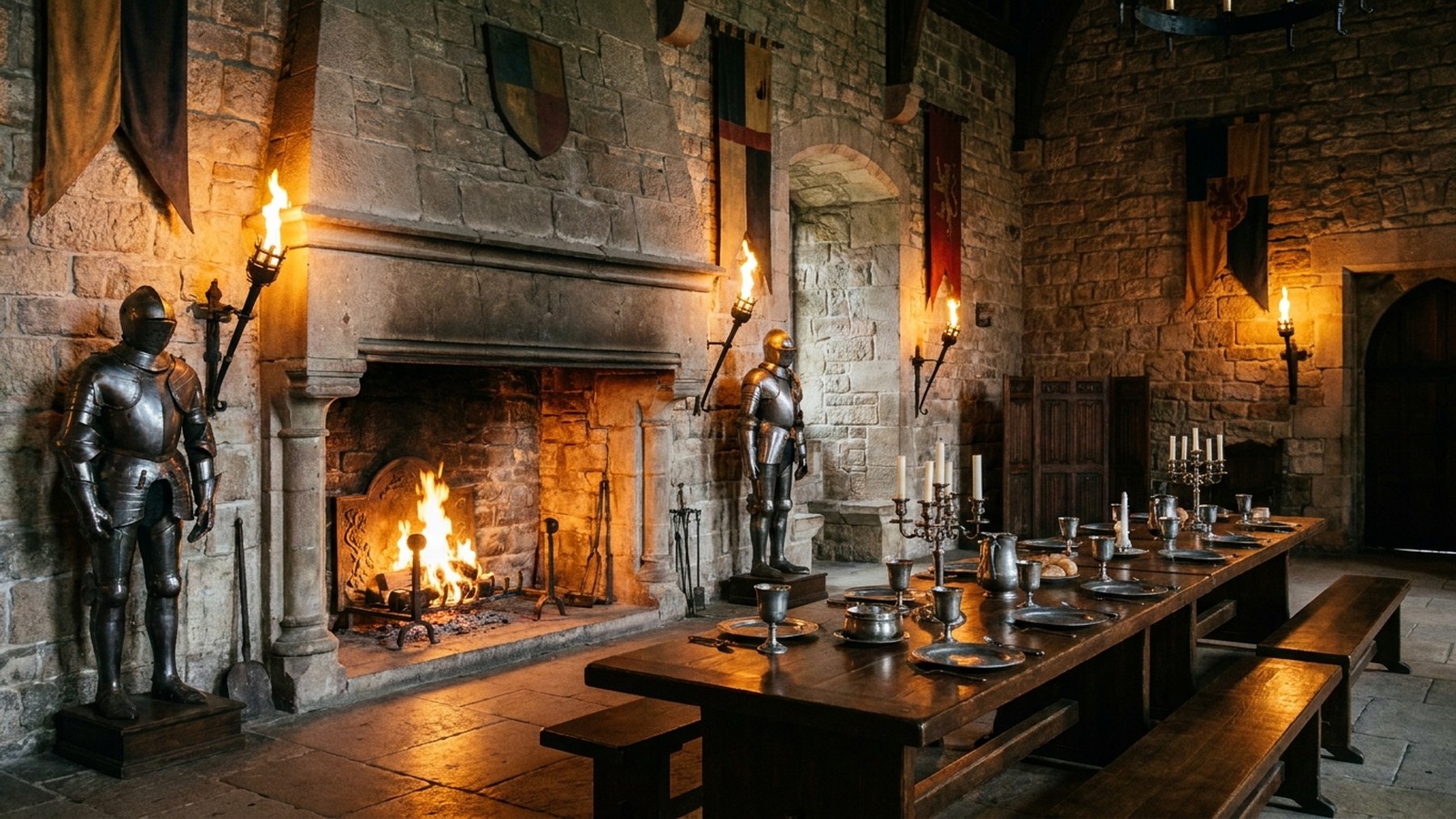 L'intérieur d'un château fort médiéval en pierre avec des torches, des armures et une grande table de banquet