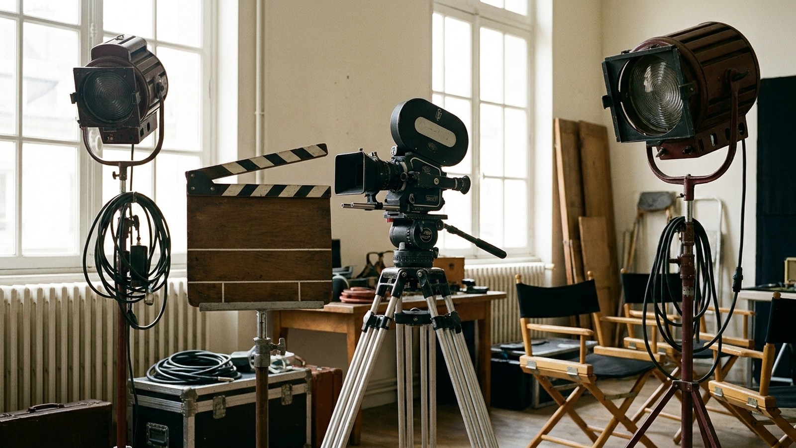 Un vieux clap de cinéma, une caméra argentique et des projecteurs sur un plateau de tournage
