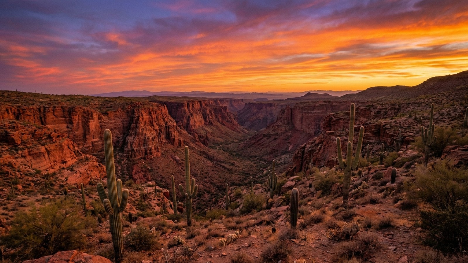 Canyon du Far West américain avec cactus au coucher du soleil