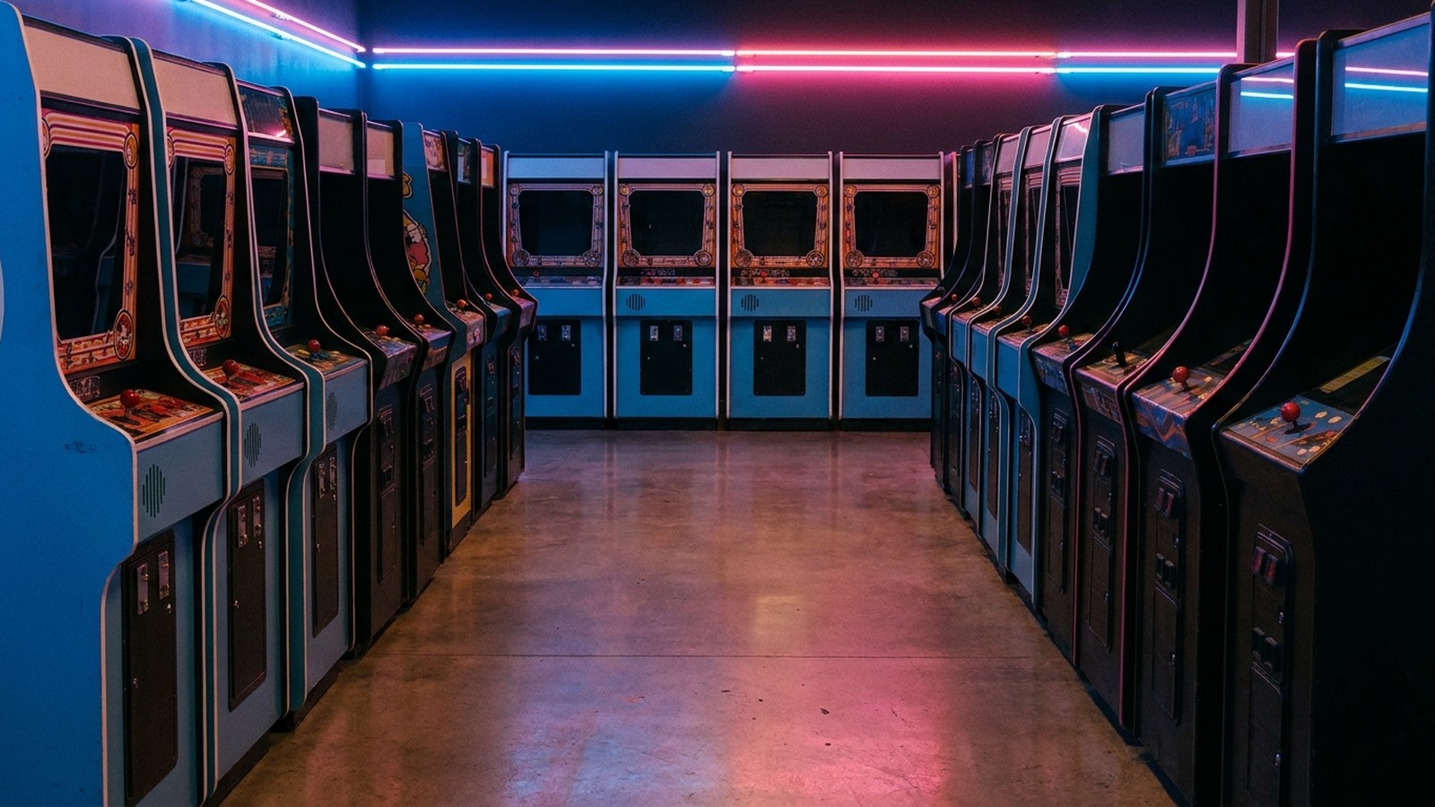 Salle d'arcade rétro des années 1980 avec des bornes lumineuses aux néons colorés