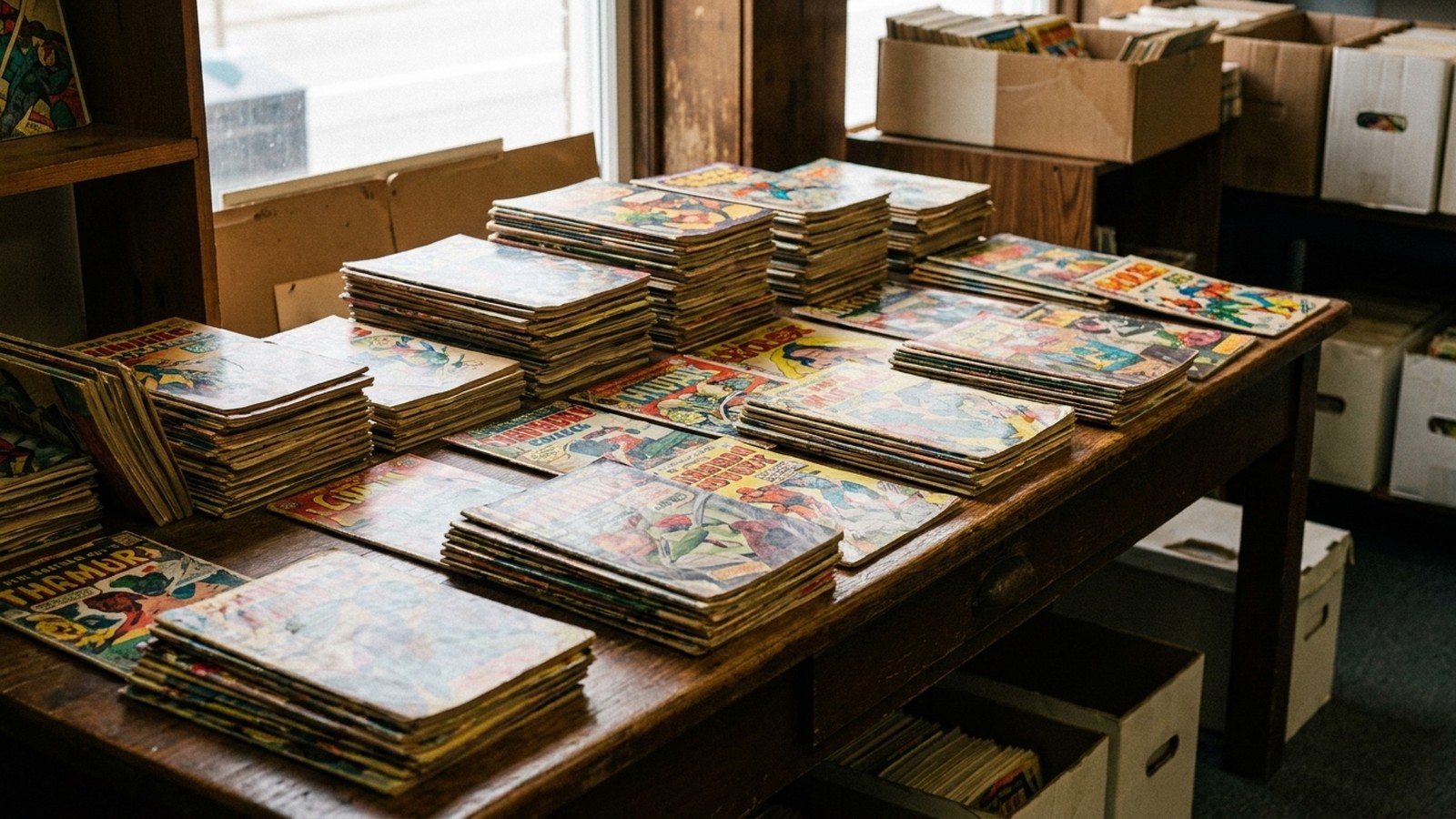 Vieux comics américains colorés empilés et étalés sur une table dans une boutique de bande dessinée