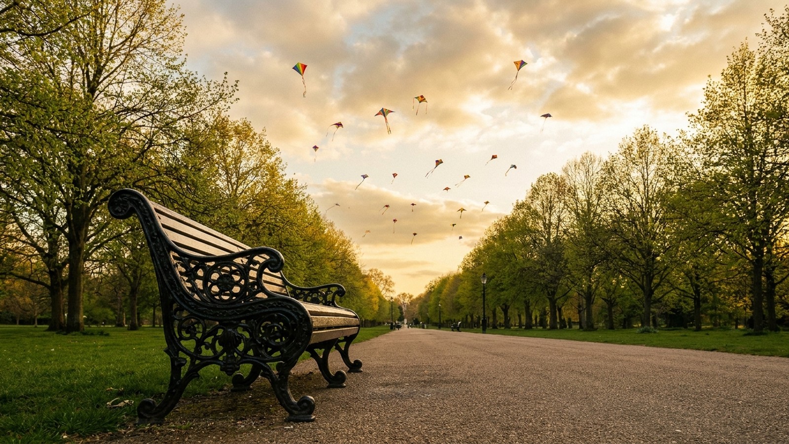 Un parc de Londres au printemps avec un banc en fer forgé et des cerfs-volants dans le ciel