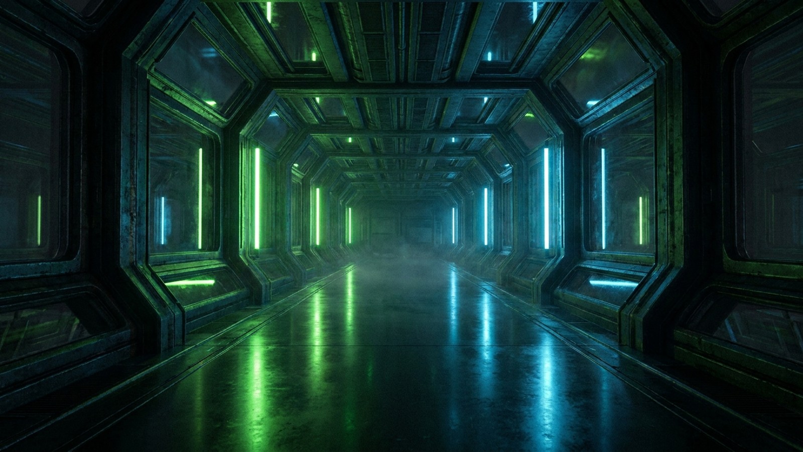 Long couloir sombre et futuriste avec des reflets de néons verts et bleutés