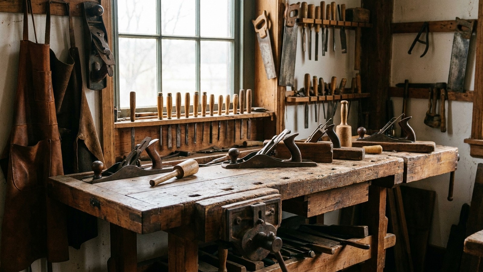 L'établi d'un artisan d'autrefois avec de vieux outils en bois et en fer