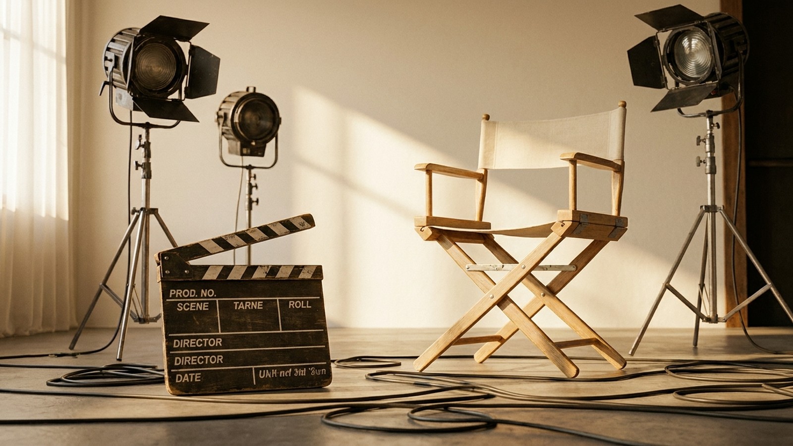 Un plateau de tournage de comédie vintage : un clap de cinéma en bois, des projecteurs sur pied et une chaise de réalisateur vide, lumière de studio