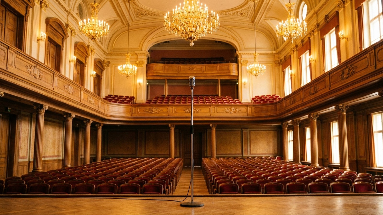 Une grande salle de concert élégante vue depuis la scène, un microphone sur pied, lustres et fauteuils, lumière dorée